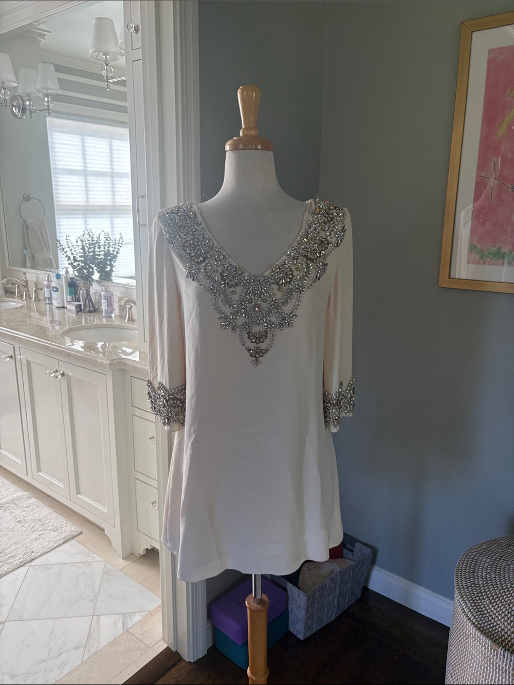 Marchesa Ivory Beaded V-Neck Tunic with Crystal Floral Embellishment